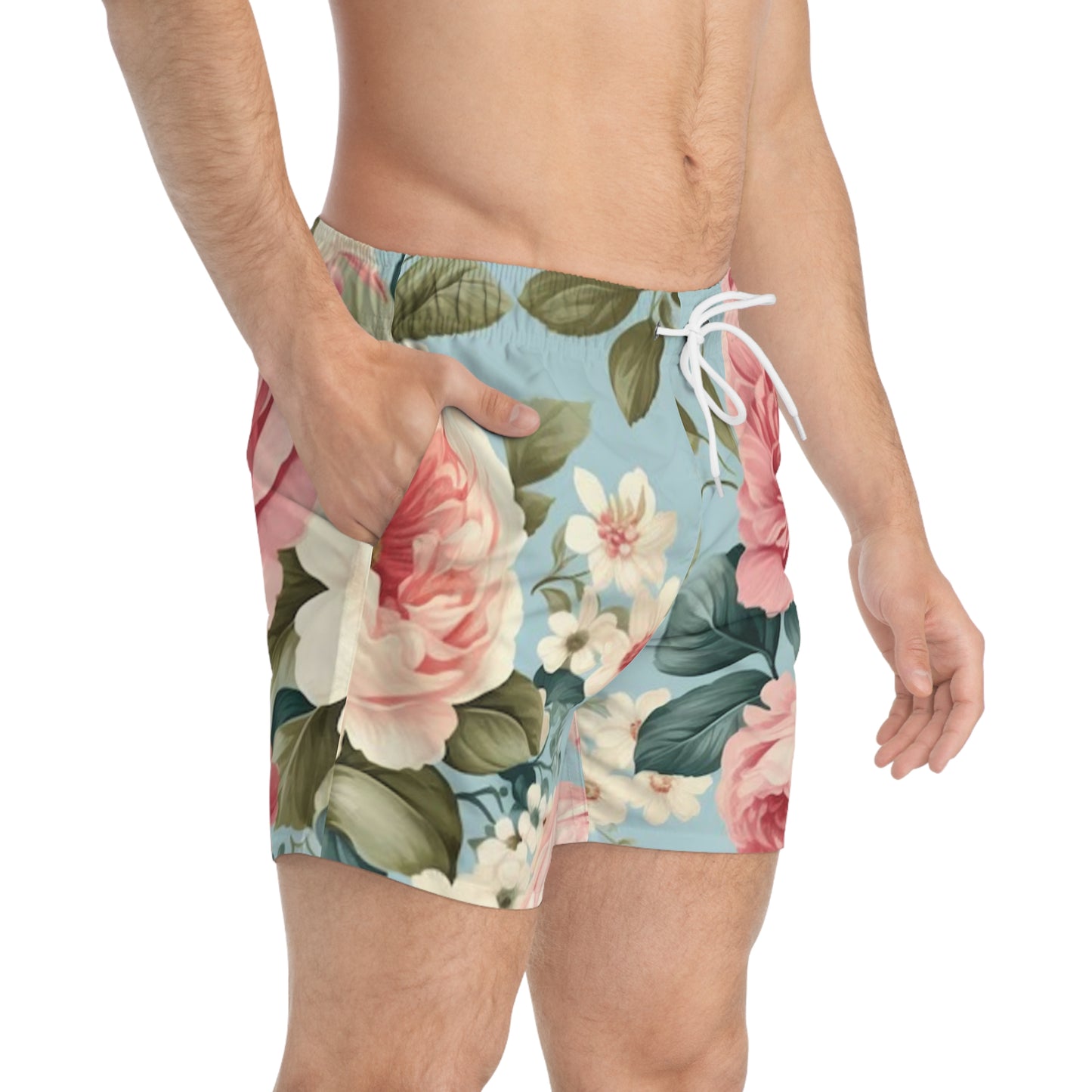 Floral Swim Trunks light blue pink rose