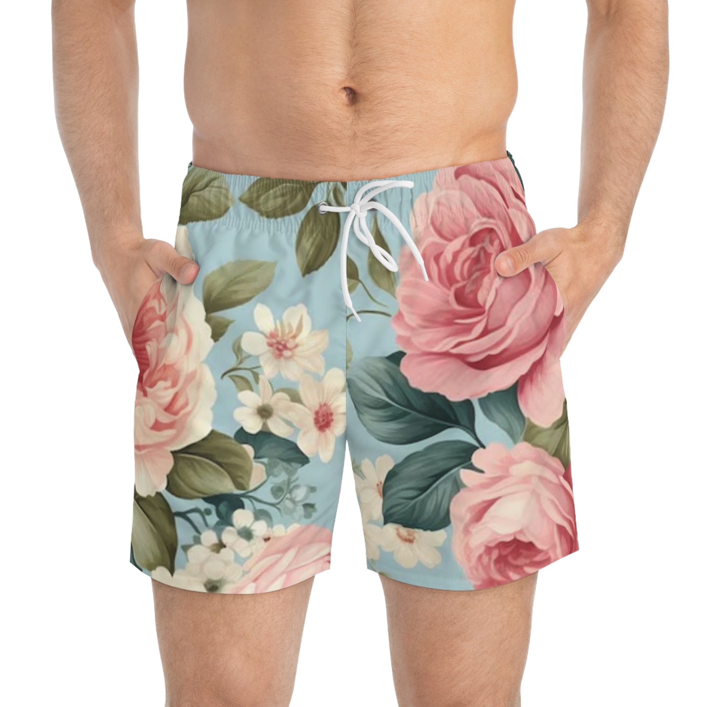 Floral Swim Trunks light blue pink rose
