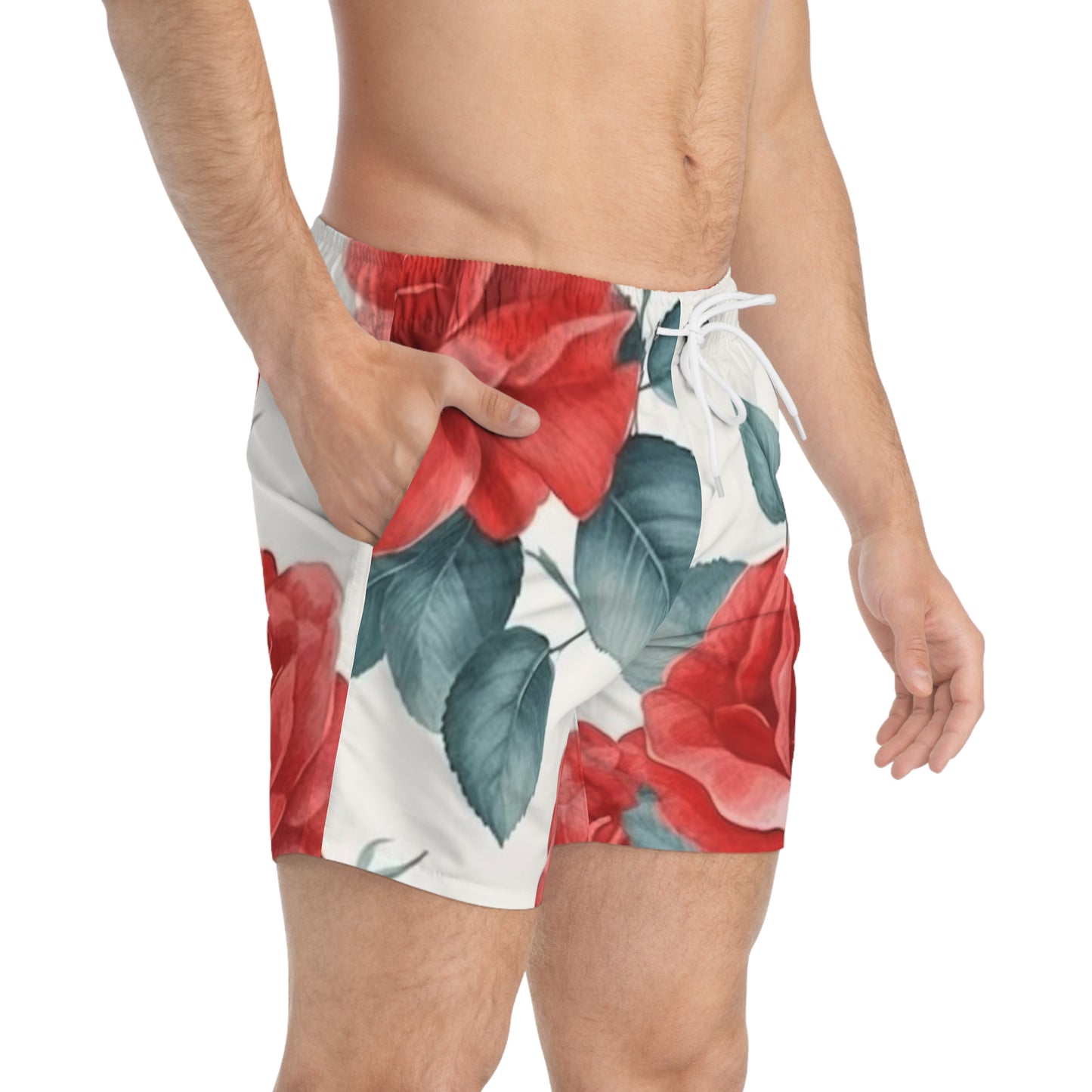 Floral Swim Trunks Red rose