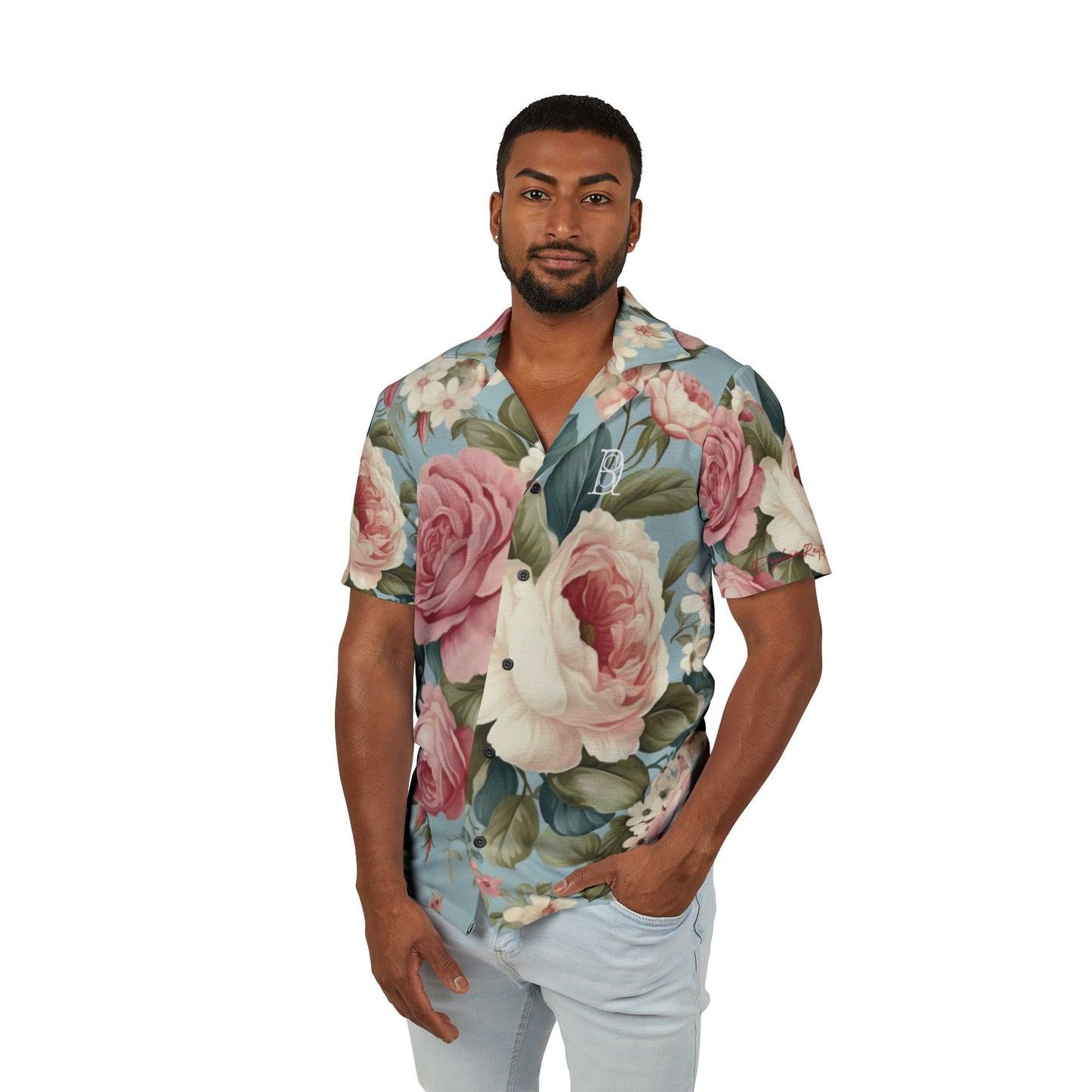 Men's Hawaiian Camp Shirt pink flower baby blue floral
