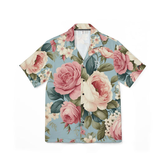 Men's Hawaiian Camp Shirt pink flower baby blue floral