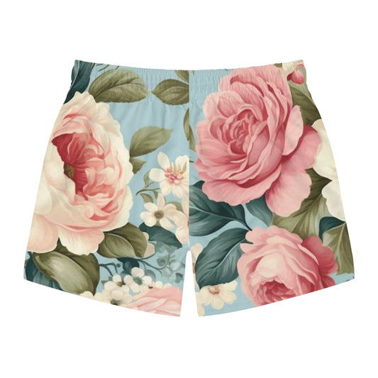 Floral Swim Trunks light blue pink rose