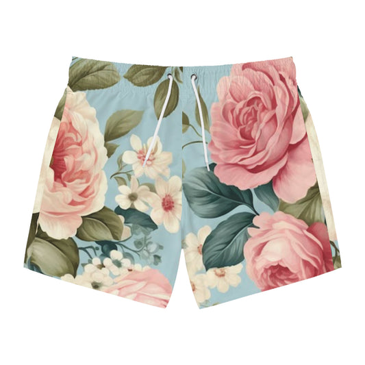Floral Swim Trunks light blue pink rose