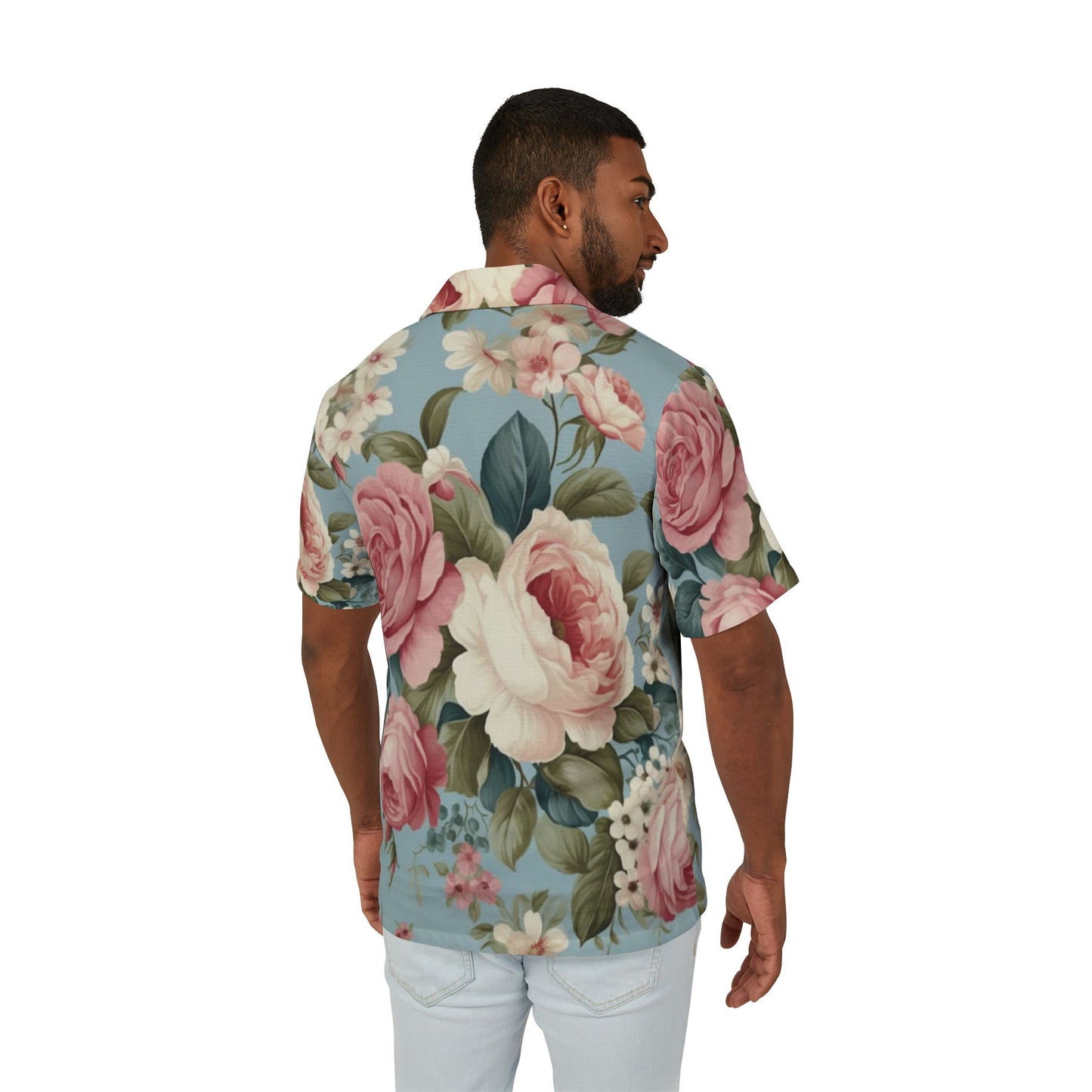 Men's Hawaiian Camp Shirt pink flower baby blue floral